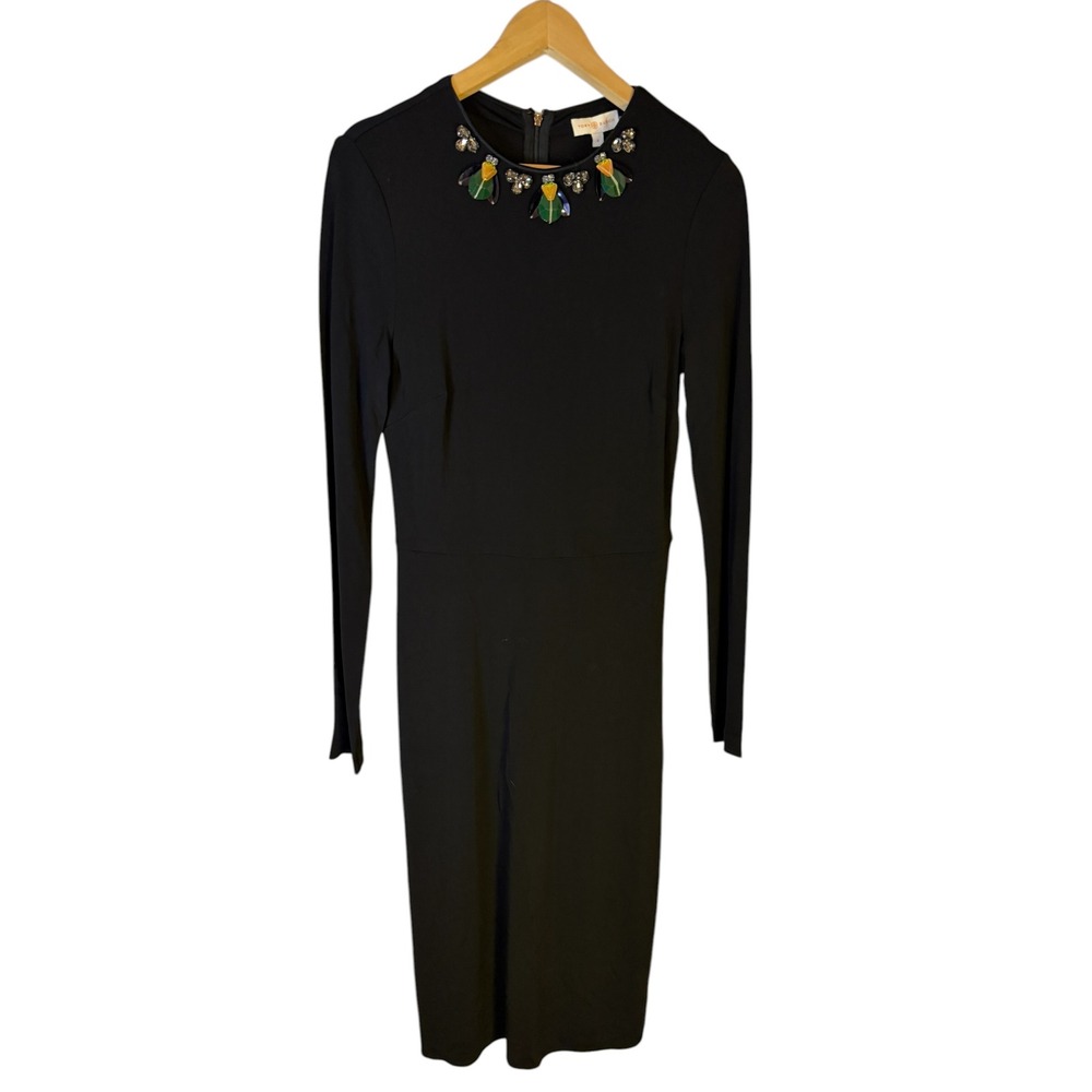 Tory Burch Deena Dress Black Embellished Beetle Jewel Neck Long Sleeve NWT Sz S